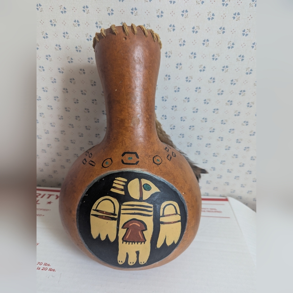 Vintage Decorative Gourd First Nations Indian Tribal Feathers Native American